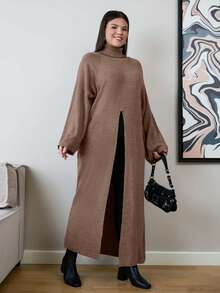 EURMUSE Fashion Maxi Sweater With Tie Detail, Solid Color Suitable For Summer - Camel - View 3