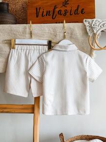 SHEIN 2pcs/Set Boys Casual Striped Polo Collar Short Sleeve T-Shirt & Shorts Set, Simple Outfit Suitable For Outdoor, School And Daily Wear, Fits Ages 4-7 Years - White - View 2