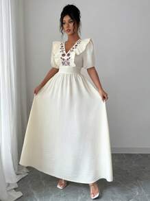 Chiquease Vestido Elegante Bordado com Flores Feminino - Damasco - Visão 7