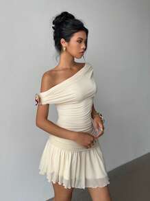 Siren Gaze 夏季新款蝴蝶兰不对称领口网眼性感迷你连衣裙优雅连衣裙太阳裙女士荷叶边下摆连衣裙生日女士短裙夏季