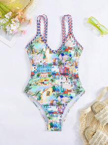 Swim Vcay New Fashion Random Printed Backless One-Piece Swimsuit For Women, Sexy Spaghetti Strap Casual Holiday Swimwear For Summer Beach Vacation