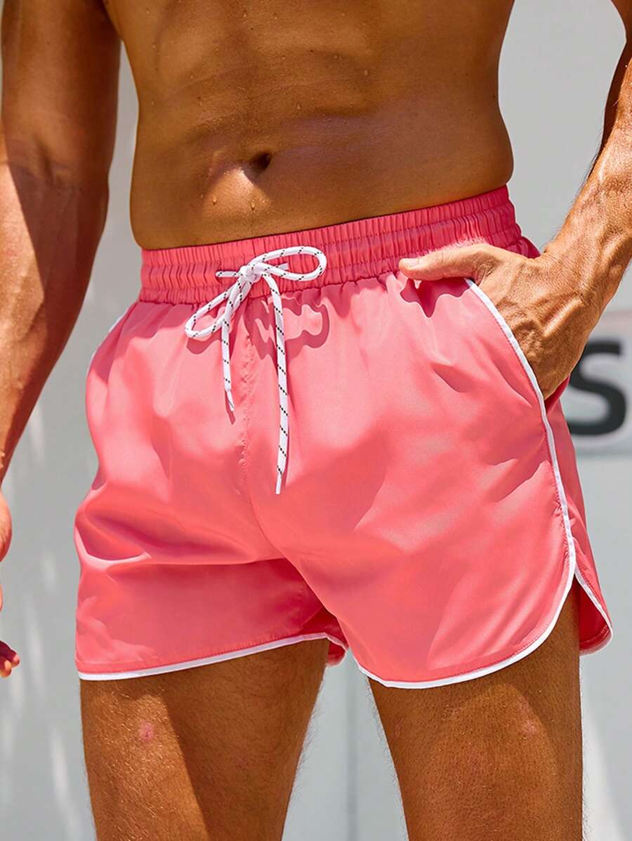 Surfspeed 男士撞色边饰休闲沙滩短裤，夏威夷男士沙滩装男士泳裤沙滩装 - 西瓜粉 - 查看 1
