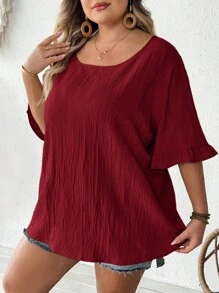 SHEIN CURVE+ Áo sơ mi nữ cổ tròn tay ngắn dáng rộng màu trơn mùa hè cỡ lớn, mặc đi biển/du lịch/nghỉ dưỡng/đi biển - Màu Đỏ Sâu - Xem 5