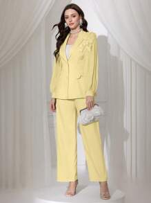 Modelyn 2pcs Set Women Chiffon Pleated Bow Decor Blazer Jacket And Pants, Spring/Summer Fall Cloth For Women - Yellow - View 4