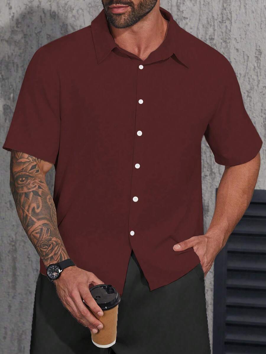 Manfinity Homme Camisa de manga corta informal/de negocios de unicolor y con solapa única para hombres de talla grande - Burdeos - Ver 1