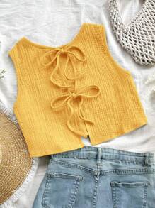 SHEIN LMoss Kids Top de tirantes estilo línea A en tela texturizada con detalles de lazo flojo sin espalda, informal para niña joven, para primavera y verano