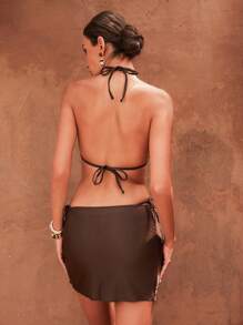 Swim Chiccia 3 Pieces Set: Women's Sleeveless Solid Color Shiny Fabric Halter Swimsuit Top, Side Strap Bottoms And Circular Ring Accessory, Summer Beach - Brown - View 3
