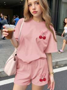 SHEIN 青少年女孩休闲简约短袖短裤两件套，适合夏季 - 粉色 - 查看 2