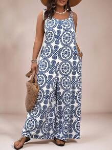 SHEIN VCAY VCAY Plus Size Boho Retro Print Sleeveless Jumpsuit, Vacation Retro Style Vacation Outfits Woman Summer Outfits For Women Valentine's Day Spring Outfits For Women Tropical Vacation Woman Festival