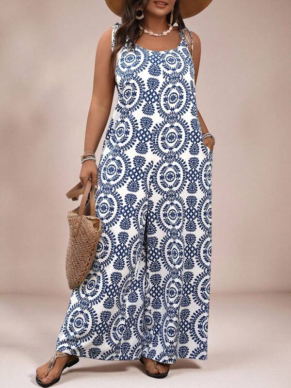 SHEIN VCAY VCAY Plus Size Boho Retro Print Sleeveless Jumpsuit, Vacation Retro Style Vacation Outfits Woman Summer Outfits For Women Valentine's Day Spring Outfits For Women Tropical Vacation Woman Festival