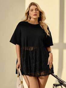 Auralis Camiseta casual de talla grande para mujer con cuello redondo, manga corta y dobladillo de encaje con contraste