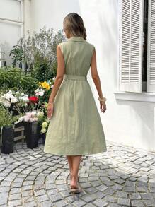 SHEIN LUNE Váy midi bó họa tiết jacquard xanh lá cây thường ngày cho nữ, không tay, mùa hè - màu xanh lá - Xem 2