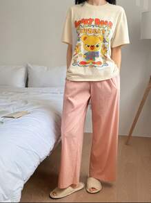DAZY Conjunto de pijama para mujer con Top de camiseta holgada con estampado de dibujos animados lindos y pantalones de unicolor