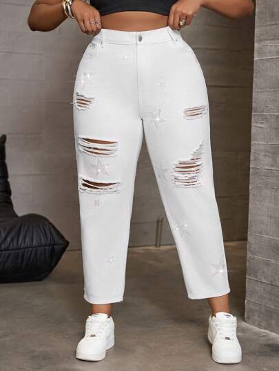 SHEIN EZwear Plus Size Women Casual Star Rhinestones Ripped Skinny Jeans