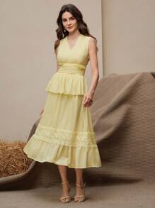 Anewsta Vestido ajustado de mujer sin mangas con adorno de encaje en la cintura