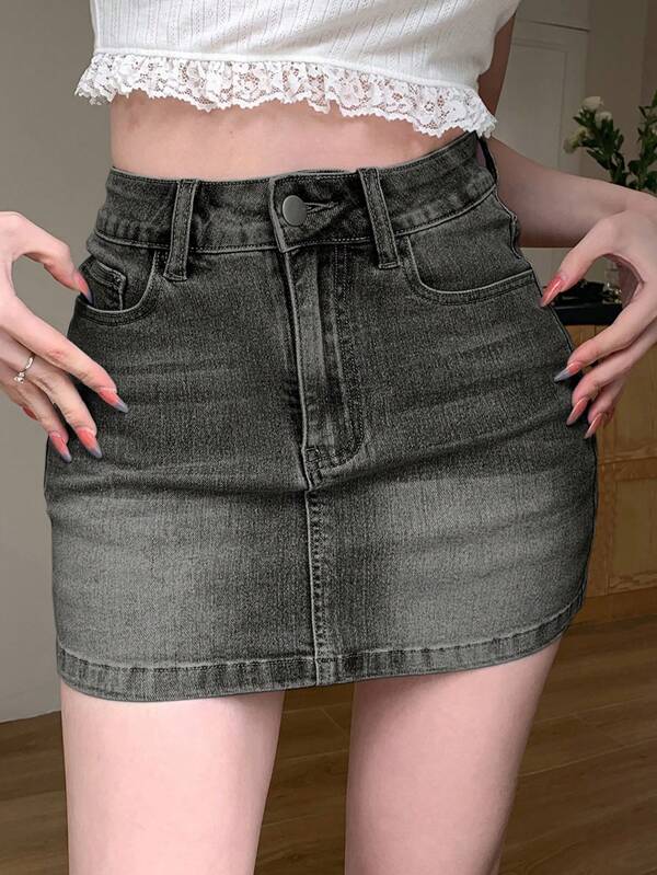DAZY Summer Vintage Distressed Casual Fitted Mini Denim Skirt For Women