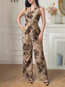 DAZY 2pcs Women Floral Printed Camisole And Pants Set, Spring/Summer - Khaki - View 2