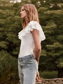Lumivelle GuavaGirl SummerHoliday  Women's Casual Romantic All White Ruffle Trim Solid Color Women Bodysuits Romantic - White - View 6