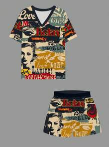 Slaydiva 2pcs 2025 Spring/Summer Jersey Casual Outfit, Retro Poster Print Women's Set - Multicolor - View 5