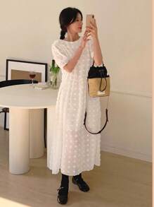 DAZY 女士纹理短袖透视中长连衣裙，舒适 - 白色 - 查看 6