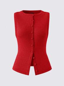 SHEIN BASICS Áo ba lỗ cardigan cổ tròn không tay dệt kim trơn vừa vặn dành cho nữ, ấm cúng sang trọng, đi làm hàng ngày, năm mới - Đỏ - Xem 6