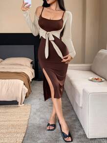 DAZY 1 套女士休闲短款夹克和高开叉吊带连衣裙睡衣 - 棕色 - 查看 3