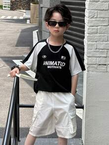 Dazy Kids Boys Kids Fall Outfit Set: Crew Neck Knit Printed T-Shirt + Shorts - Black and White - View 7