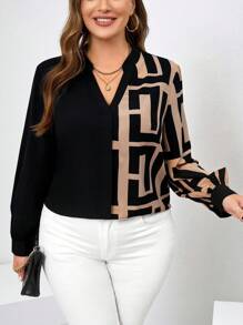 Chikora Damen Große Größen Bluse mit geometrischem Muster, V-Ausschnitt und Langarm, elegantes Büro Design für Frühling und Sommer - Schwarz - Übersicht 1