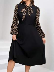 SHEIN Clasi 大码黑色豹纹拼布连衣裙，优雅日常穿着，秋冬季 - 彩色 - 查看 5
