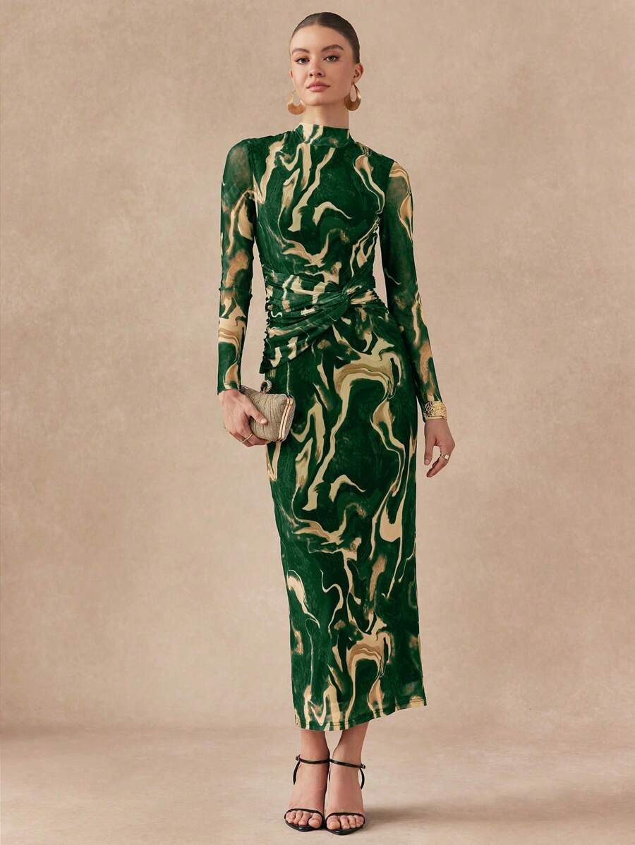 Almamuse Women's Stand Collar Long Sleeve Casual Long Dress With Twist Design Maxi Women Outfit - Green - View 1