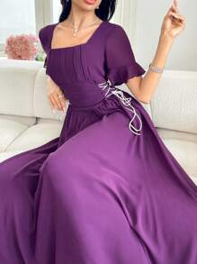 Modelyn Women's Long Chiffon Flared Sleeve Side Tie Waist Elegant Dress, Spring/Summer - Purple - View 6