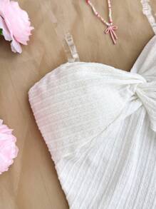 SHEIN Teen Girls Valentine's Resort Style Mustard White Textured Tube Top With Front Twist, Frill Trim Fitted Blouse. Suitable For Afternoon Tea, Streetwear, Vacation, Layering Or Party Wear, Autumn/Winter/Cute/Vacation