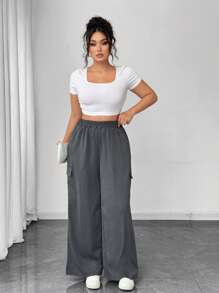 SHEIN LUNE 加大码纯色弹性腰带口袋休闲裤，百搭 - 深灰色 - 查看 4