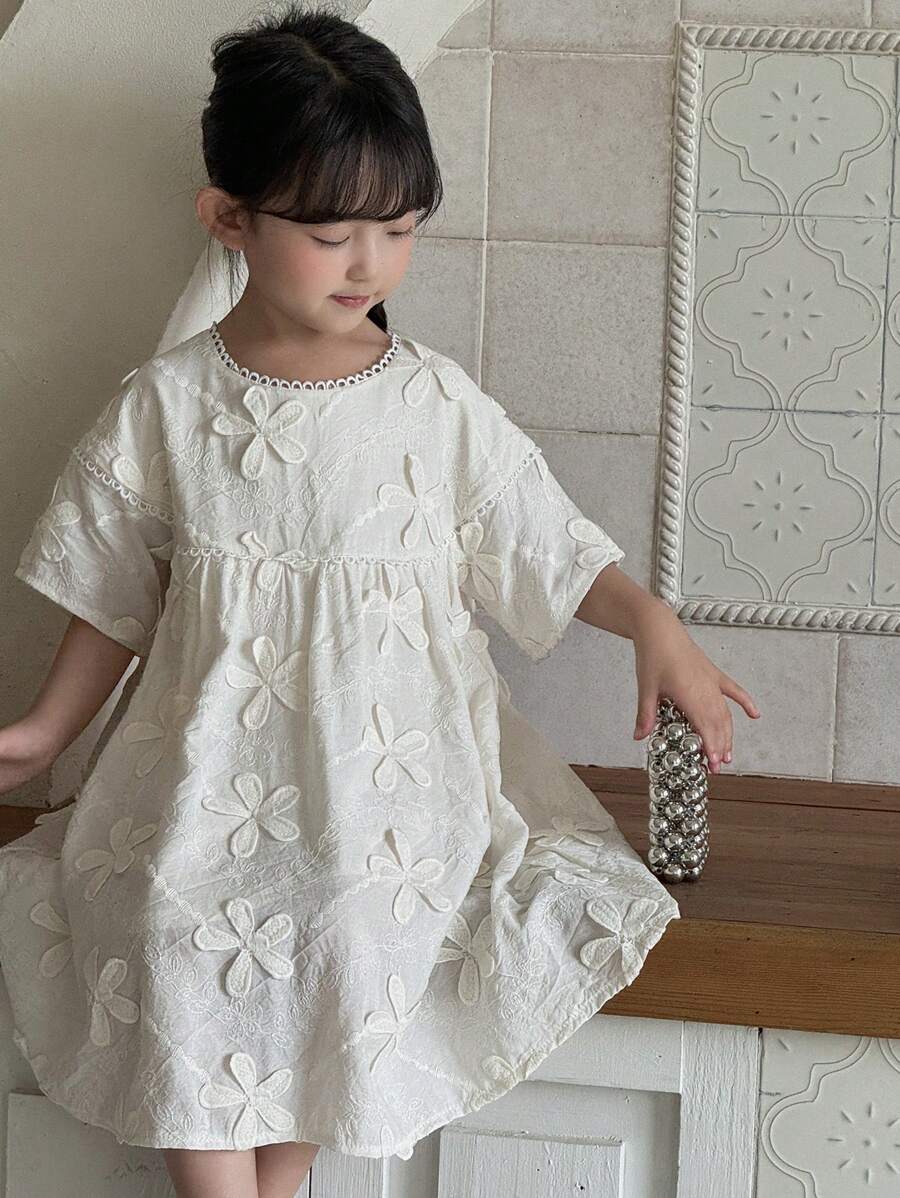 DAZY Kleine Mädchen Rundhals Kleid mit strukturiertem Blume Muster in Midi-Länge, geeignet für Geburtstagsparty - Aprikosenfarben - Übersicht 1