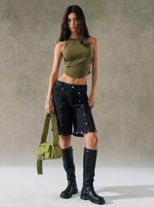 LYSMO Quần short denim túi nút thời trang thường ngày cho nữ - màu đen - Xem 1