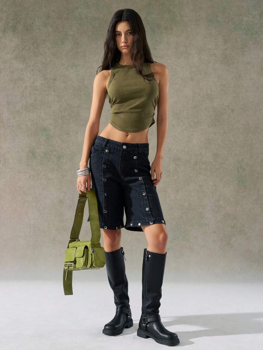 LYSMO Quần short denim túi nút thời trang thường ngày cho nữ - màu đen - Xem 1