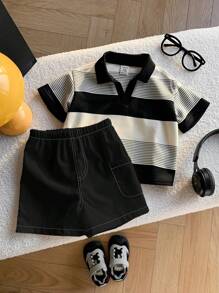 SHEIN 2 件套男婴休闲条纹 Polo 衫和白色短裤套装，适合生日派对、晚会、婚礼、迎婴会、1 岁生日庆祝活动和其他场合男婴夏季套装男婴条纹 Polo 衫和短裤套装黑白男婴服装，返校服装 - 彩色 - 查看 4