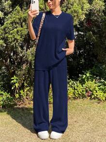 SHEIN EZwear 女士针织纹理宽松T恤阔腿裤休闲套装，夏季 - 藏蓝色 - 查看 3