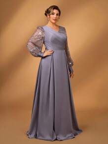 Serin Plus Size Women's Elegant And Gorgeous Gray Luxury Fine Glitter Beads Sequins Stitching Satin Lantern Long Sleeves Overlap V Neck Pleated A-Line Hem I-Shaped Pleats Suitable For Mothers To Attend Wedding Events Bachelorette Parties Dating Dance Dinner Holiday Music Festival Evening Dresses Bride Mother Dress - Grey - View 6
