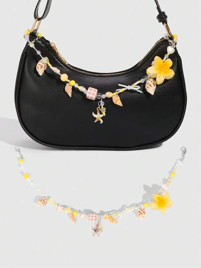 ROMWE Fairycore 1pc Vacation Y2K Style Beaded Ocean Series Beach Shell & Conch Pearl Gold Bag Pendant Accessory, Wedding Decoration Chain With Bougainvillea Flowers