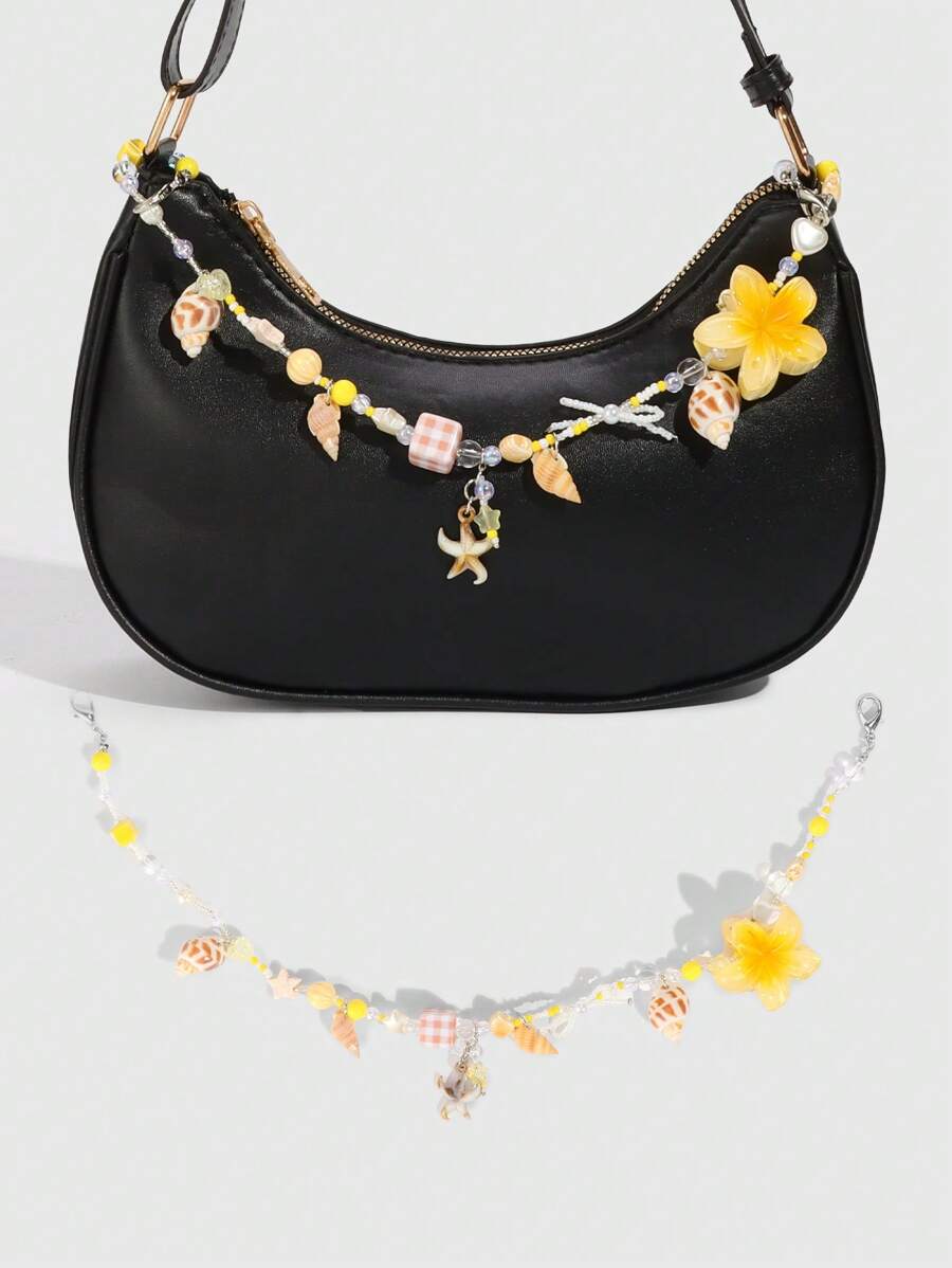 ROMWE Fairycore 1 件 Y2K 风格串珠海洋系列沙滩贝壳和海螺珍珠金包吊坠配饰，婚礼装饰链配九重葛花 - 彩色 - 查看 1