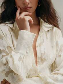 Anewsta 女士优雅提花高领衬衫，女士休闲贴花，纽扣，透明长袖领常规版型常规杏色常规袖衬衫女式衬衫，春季/秋季，休闲日常穿着