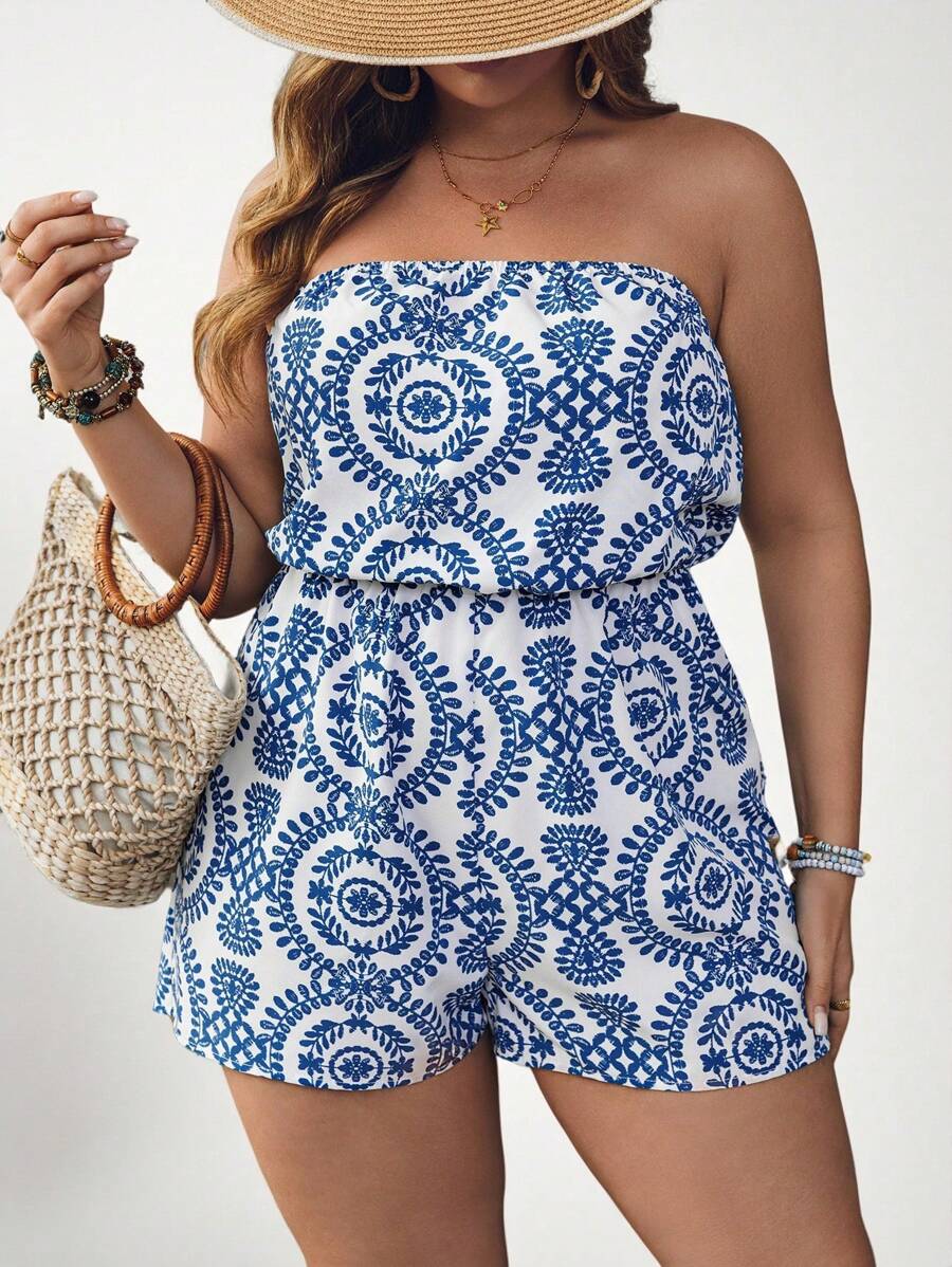 SHEIN VCAY Plus Size Strapless Jumpsuit, Fashionable Summer Romper - Multicolor - View 1