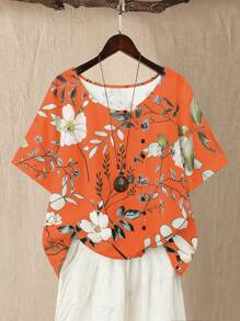 Linhara Plus Size Women's Floral Pattern Round Neck Short Sleeve Front Button Decoration Casual Comfortable Blouse - Multicolor - View 1
