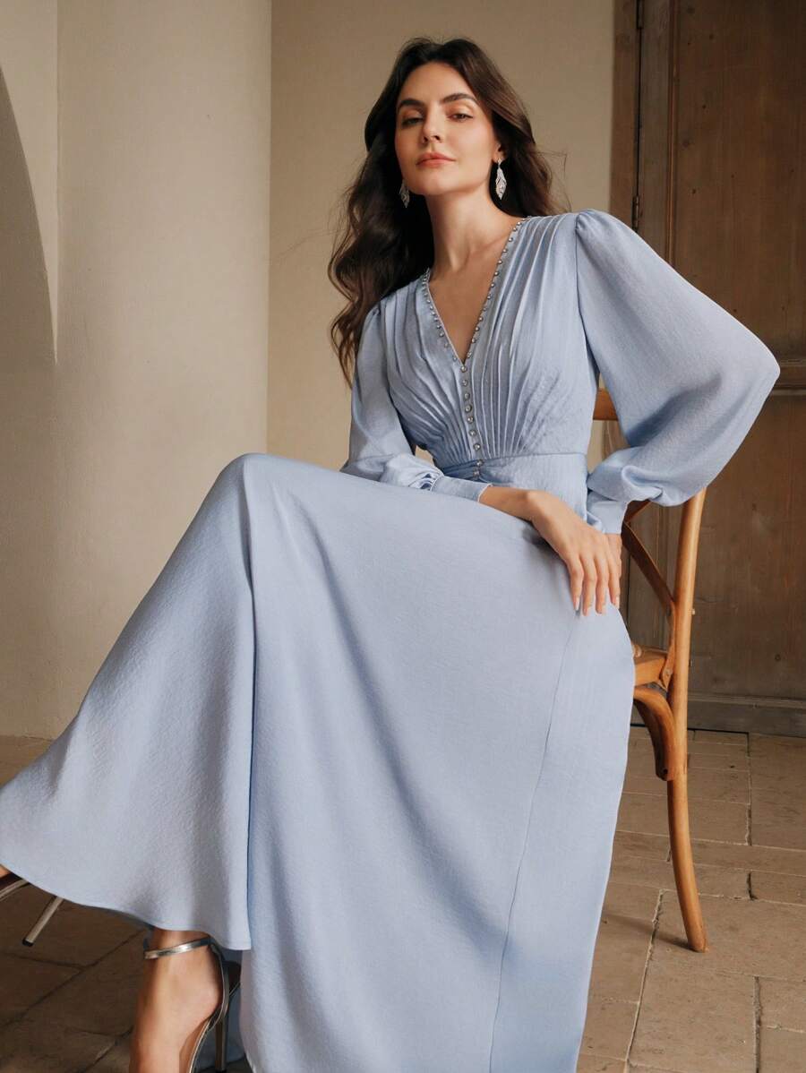 Anewsta Fashionable & Elegant V-Neck Ruched Waist Mini Dress For Women, Slimming, Spring/Summer - Baby Blue - View 1
