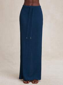 NYA SZN 女式高腰抽绳细节休闲日常度假春夏弹力针织裙套装 - 藍色 - 查看 2