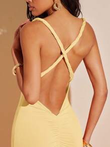 Hauture Vestido slip elegante para mujer con diseño cruzado en la espalda y drapeado en un solo color - Amarillo claro - Ver 3