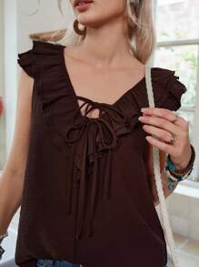 LanaWest Blusa feminina de férias com cor sólida e babados e gola amarrada - Castanho Café - Ver 4