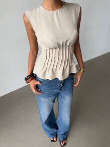 Siren Gaze 新款亚麻腰部褶皱无袖衬衫女装，时尚街头风Y2K女式上衣，秋季返校季褶皱无袖上衣夏季休闲款 - 杏色 - 查看 3