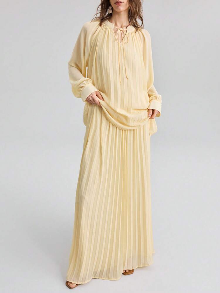2-Piece Set Women 2000s Countryside Style Casual Office Lady Outfit: Solid Color Pleated Tie-Neck Long Sleeve Blouse And A-Line Skirt, Suitable For School, Business, Date, Travel, Airport, Party